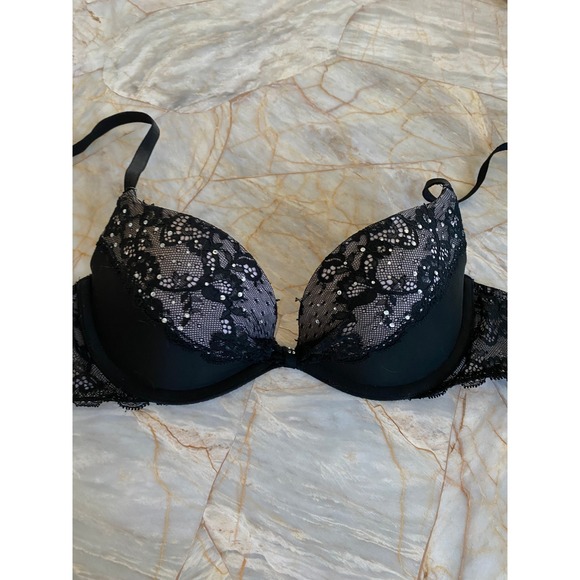 Victoria's Secret Other - Victoria's Secret Padded Demi Bra Black Lace Rhinestone 32B Floral Scallop Trim